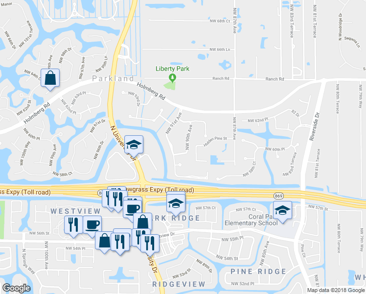 map of restaurants, bars, coffee shops, grocery stores, and more near 6047 Northwest 90th Avenue in Parkland