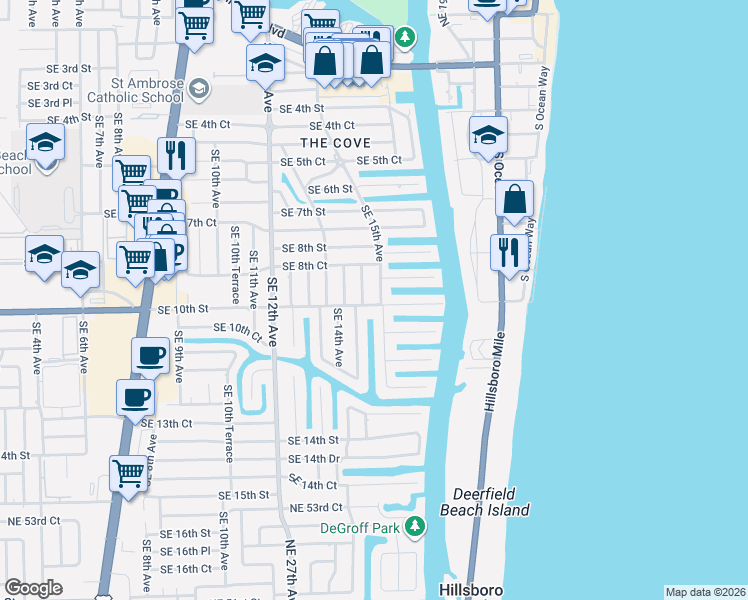 map of restaurants, bars, coffee shops, grocery stores, and more near 956 Southeast 14th Terrace in Deerfield Beach