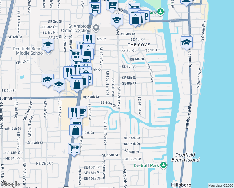 map of restaurants, bars, coffee shops, grocery stores, and more near 906 Southeast 11th Avenue in Deerfield Beach