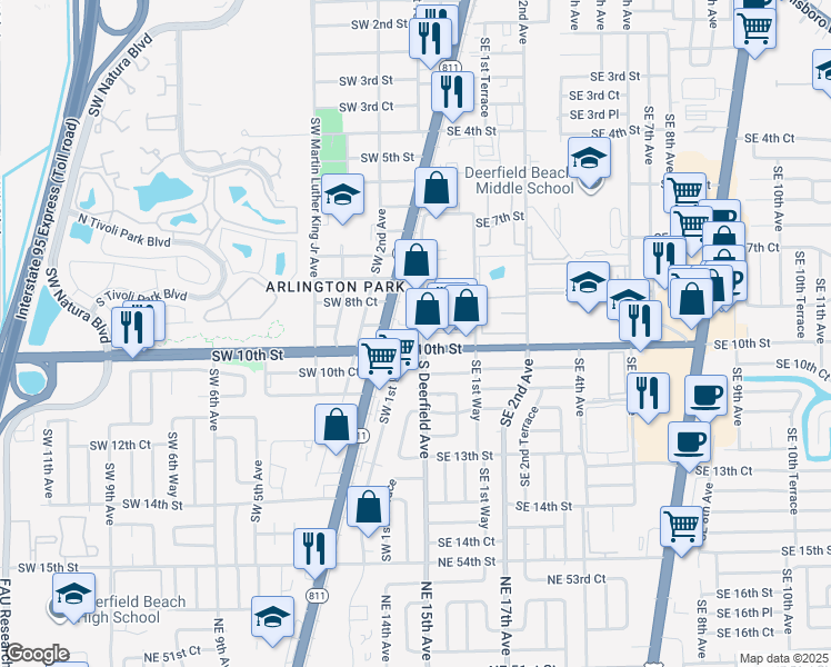map of restaurants, bars, coffee shops, grocery stores, and more near 72 Southwest 9th Street in Deerfield Beach