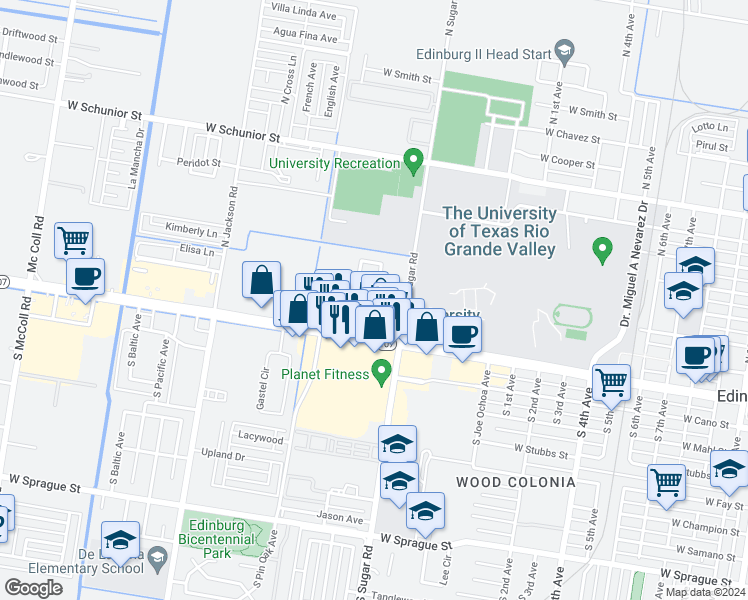 map of restaurants, bars, coffee shops, grocery stores, and more near 1605 West McIntyre Street in Edinburg