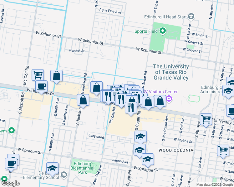map of restaurants, bars, coffee shops, grocery stores, and more near 206 North Montevideo Avenue in Edinburg