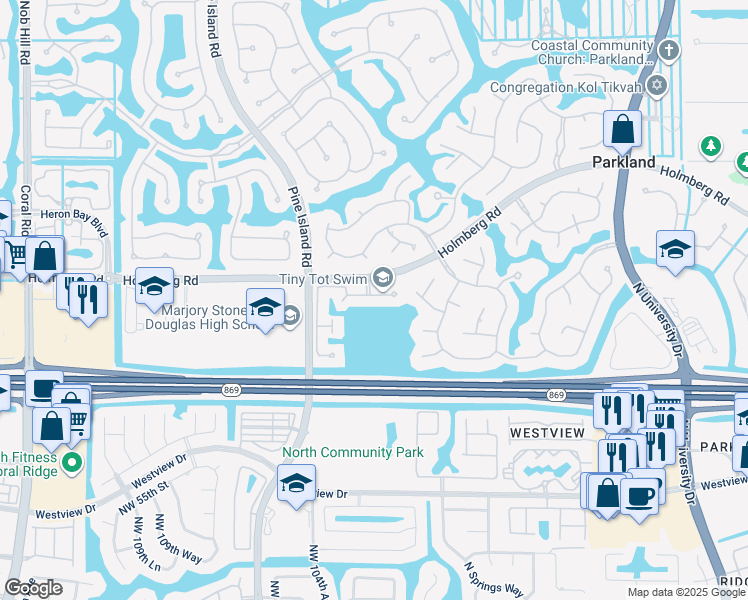 map of restaurants, bars, coffee shops, grocery stores, and more near 10260 Northwest 60th Place in Parkland