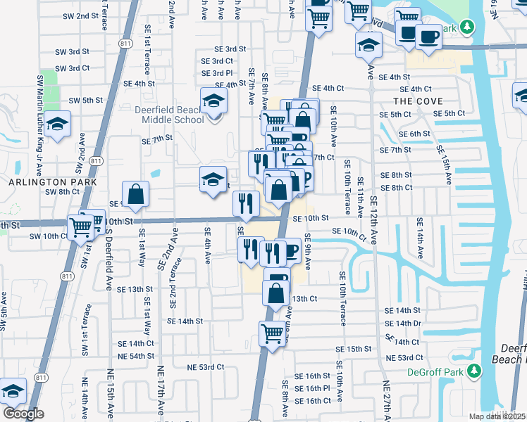 map of restaurants, bars, coffee shops, grocery stores, and more near 811 Southeast 10th Street in Deerfield Beach