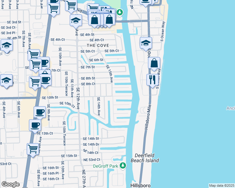 map of restaurants, bars, coffee shops, grocery stores, and more near 1529 Southeast 10th Street in Deerfield Beach