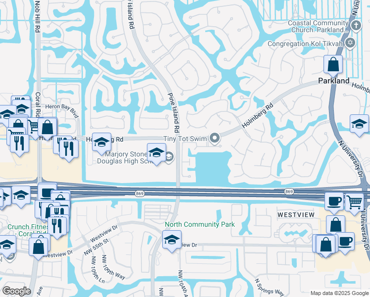 map of restaurants, bars, coffee shops, grocery stores, and more near 6060 Northwest 104th Lane in Parkland