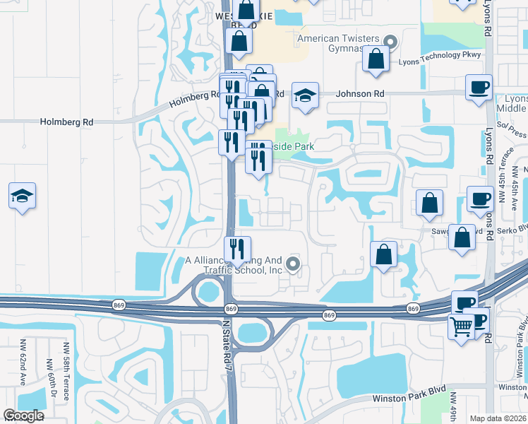 map of restaurants, bars, coffee shops, grocery stores, and more near 6112 North State Road 7 in Coconut Creek
