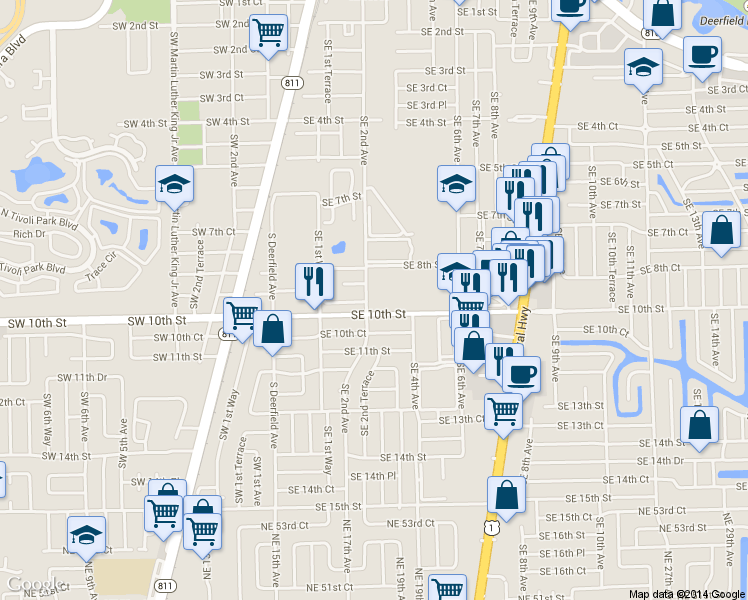 map of restaurants, bars, coffee shops, grocery stores, and more near 205 Southeast 10th Street in Deerfield Beach