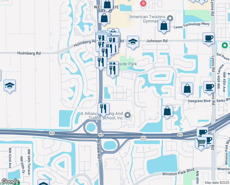 map of restaurants, bars, coffee shops, grocery stores, and more near 6112 Florida 7 in Coconut Creek