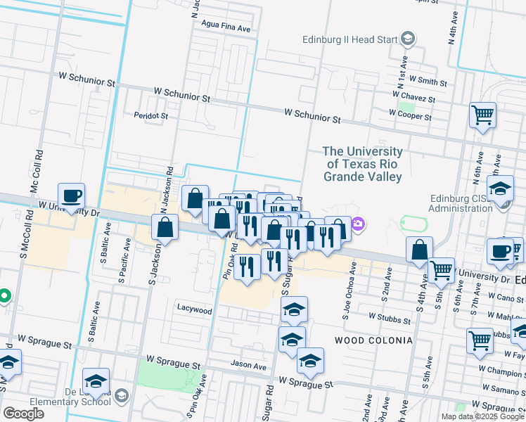 map of restaurants, bars, coffee shops, grocery stores, and more near 1605 West McIntyre Street in Edinburg