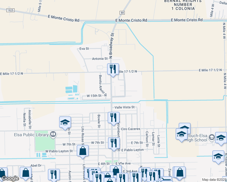 map of restaurants, bars, coffee shops, grocery stores, and more near 109 Tulipan Street in Edcouch