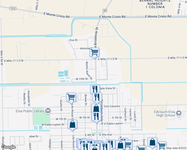 map of restaurants, bars, coffee shops, grocery stores, and more near 109 Tulipan Street in Elsa