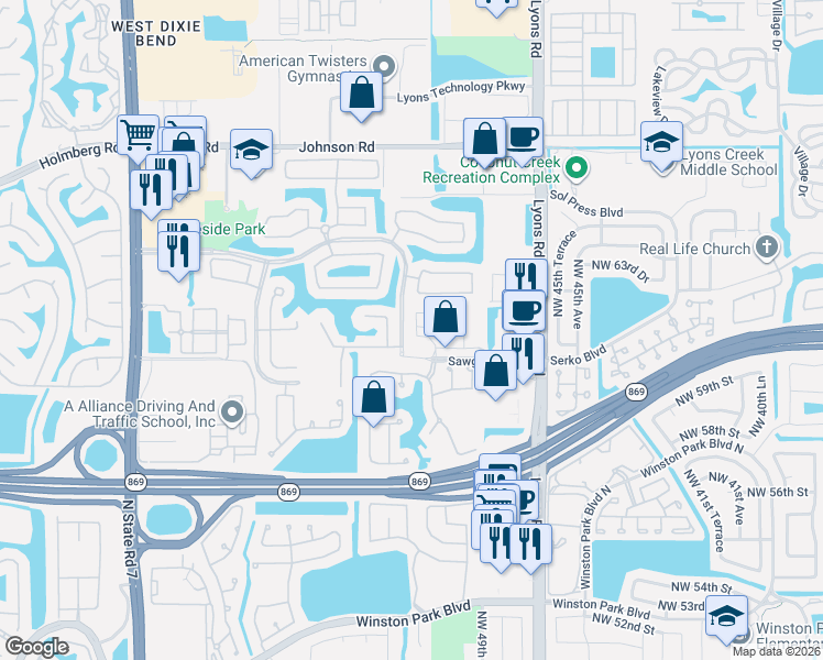 map of restaurants, bars, coffee shops, grocery stores, and more near 6077 Grand Cypress Circle West in Coconut Creek