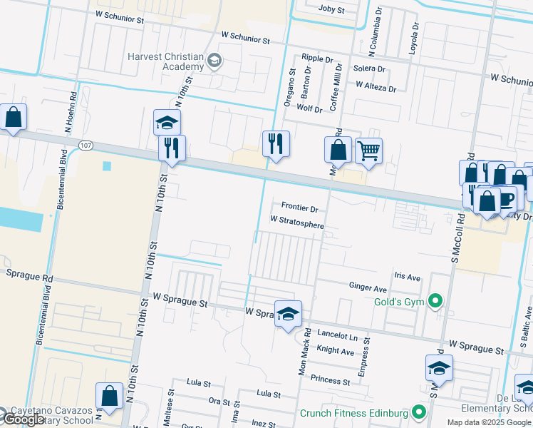 map of restaurants, bars, coffee shops, grocery stores, and more near 225 Las Vegas Drive in Edinburg