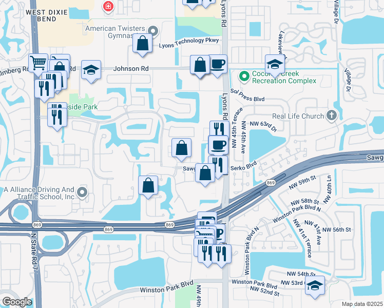map of restaurants, bars, coffee shops, grocery stores, and more near 6118 Grand Cypress Circle East in Coconut Creek