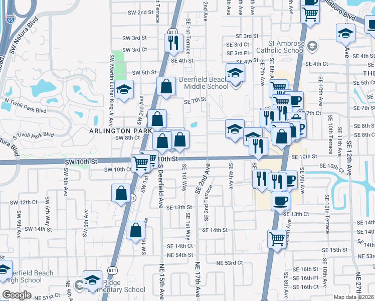 map of restaurants, bars, coffee shops, grocery stores, and more near 959 Southeast 2nd Avenue in Deerfield Beach