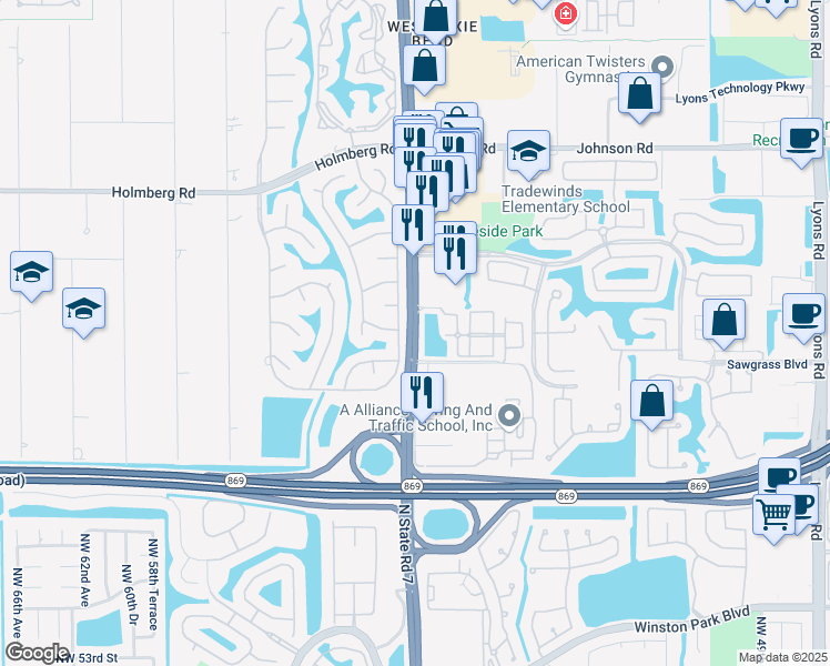 map of restaurants, bars, coffee shops, grocery stores, and more near 6142 North State Road 7 in Coconut Creek
