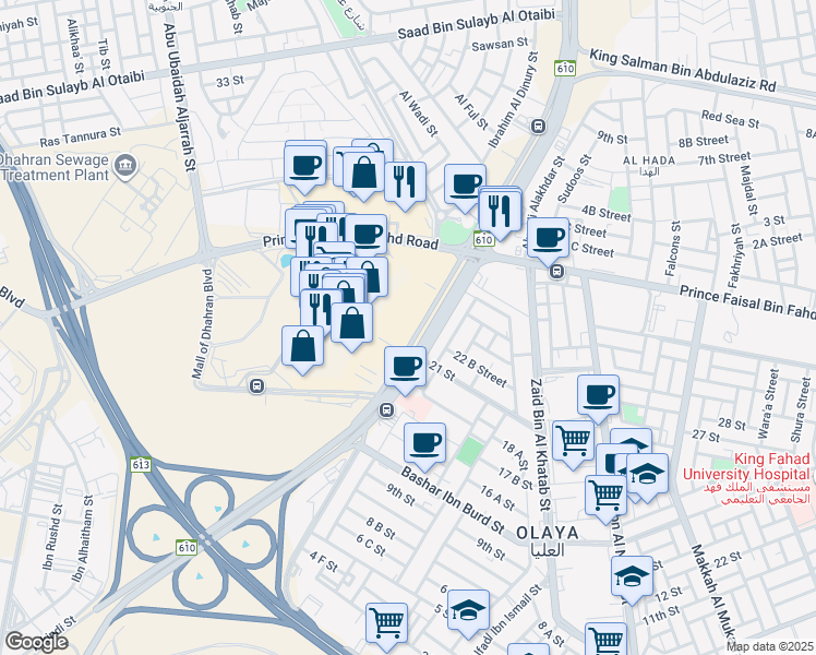 map of restaurants, bars, coffee shops, grocery stores, and more near Mall of Dhahran Boulevard in Dhahran