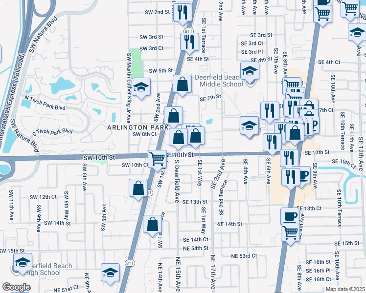 map of restaurants, bars, coffee shops, grocery stores, and more near 16 Southeast 9th Street in Deerfield Beach
