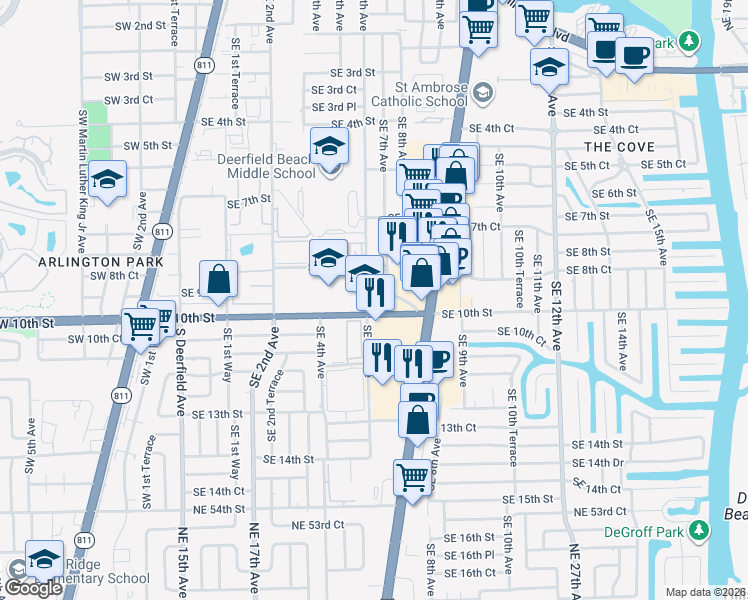 map of restaurants, bars, coffee shops, grocery stores, and more near 625 Southeast 10th Street in Deerfield Beach