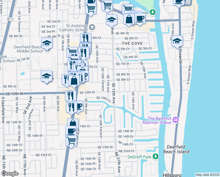 map of restaurants, bars, coffee shops, grocery stores, and more near 906 Southeast 11th Avenue in Deerfield Beach