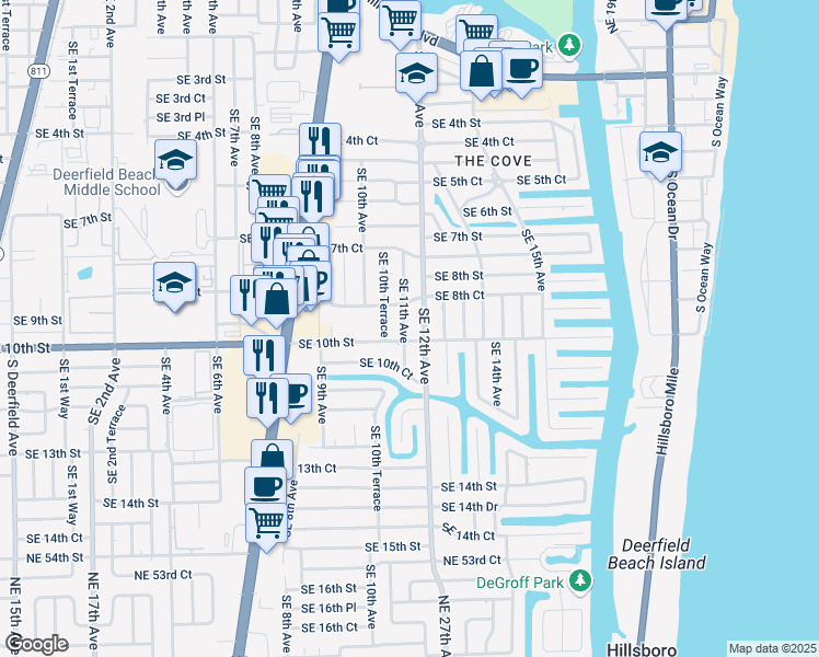 map of restaurants, bars, coffee shops, grocery stores, and more near 906 Southeast 11th Avenue in Deerfield Beach