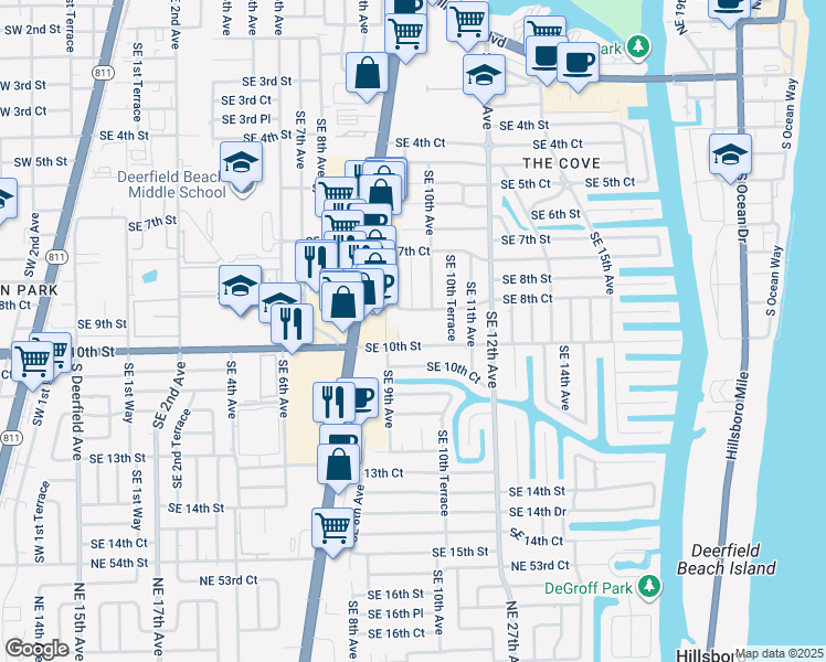 map of restaurants, bars, coffee shops, grocery stores, and more near 923 Southeast 10th Street in Deerfield Beach