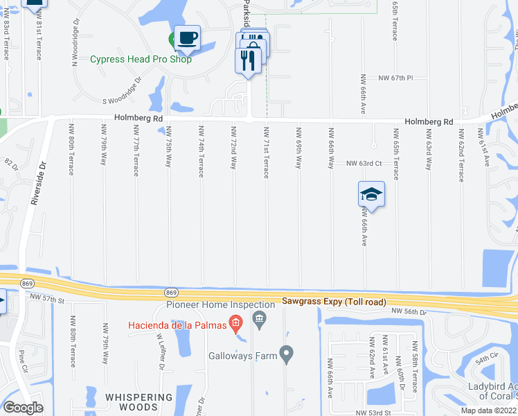 map of restaurants, bars, coffee shops, grocery stores, and more near 6077 Northwest 71st Terrace in Parkland