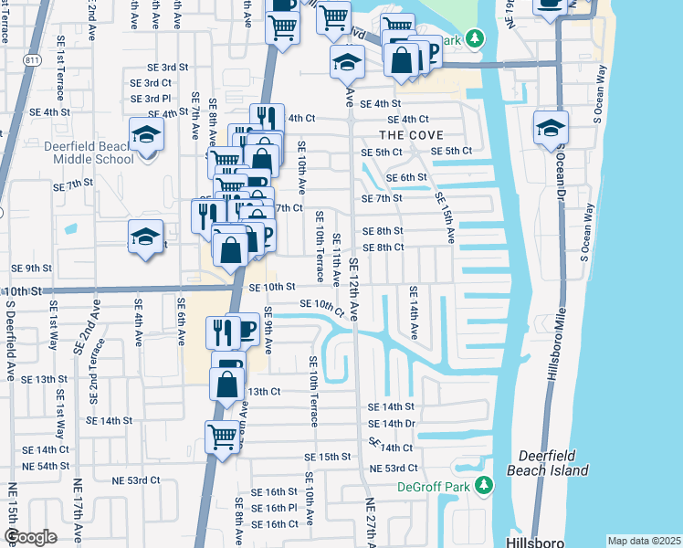 map of restaurants, bars, coffee shops, grocery stores, and more near 906 Southeast 11th Avenue in Deerfield Beach