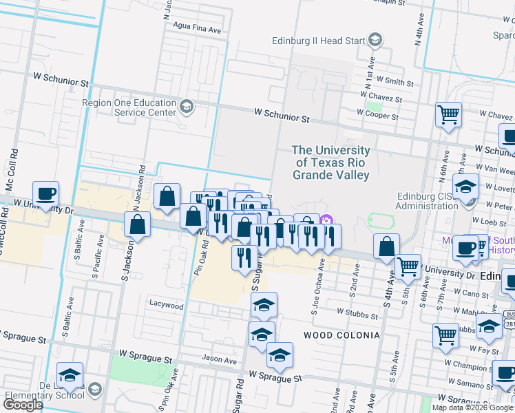 map of restaurants, bars, coffee shops, grocery stores, and more near 211 North Sugar Road in Edinburg