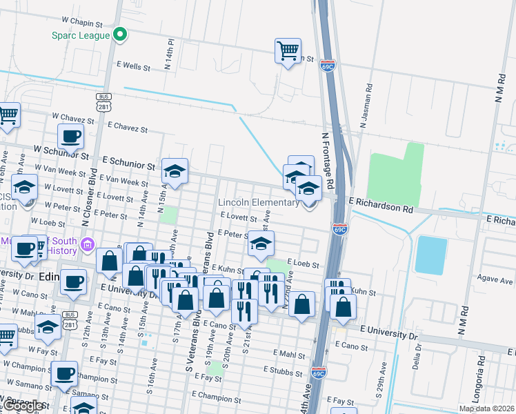 map of restaurants, bars, coffee shops, grocery stores, and more near 1006 East Van Week Street in Edinburg