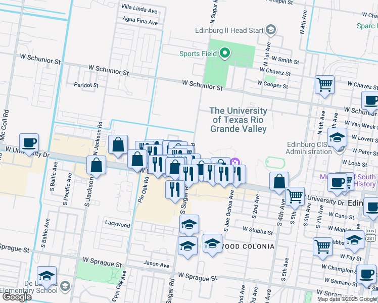 map of restaurants, bars, coffee shops, grocery stores, and more near 211 North Sugar Road in Edinburg