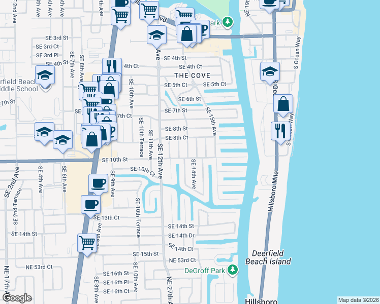 map of restaurants, bars, coffee shops, grocery stores, and more near 942 Southeast 13th Avenue in Deerfield Beach