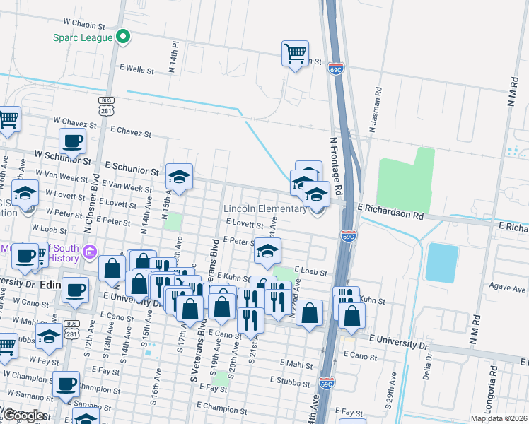 map of restaurants, bars, coffee shops, grocery stores, and more near 1006 East Van Week Street in Edinburg
