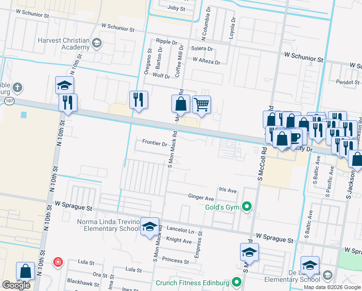 map of restaurants, bars, coffee shops, grocery stores, and more near 100 Mon Mack Road in Edinburg