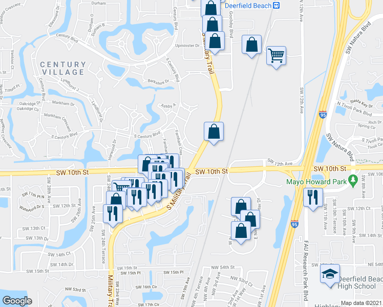 map of restaurants, bars, coffee shops, grocery stores, and more near 351 Farnham Q in Deerfield Beach