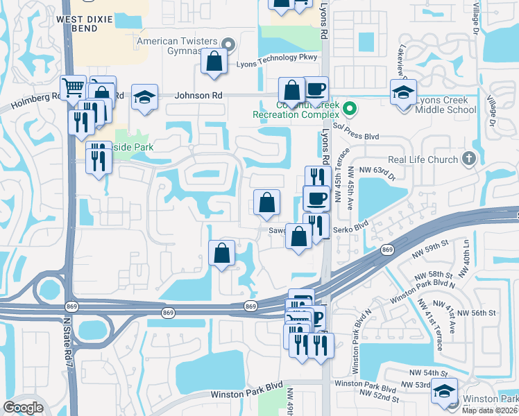 map of restaurants, bars, coffee shops, grocery stores, and more near 4736 Preserve Street in Coconut Creek