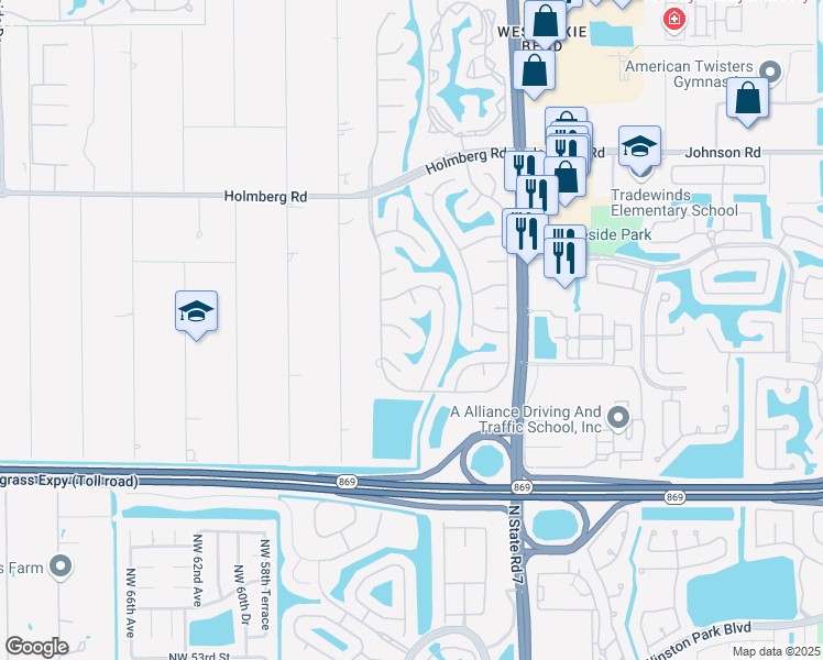 map of restaurants, bars, coffee shops, grocery stores, and more near 6011 Northwest 61st Street in Parkland