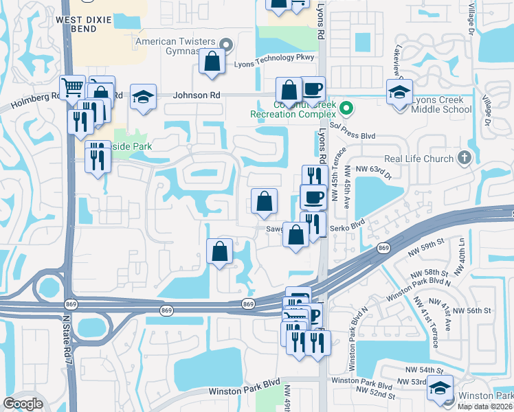 map of restaurants, bars, coffee shops, grocery stores, and more near 4736 Preserve Street in Coconut Creek