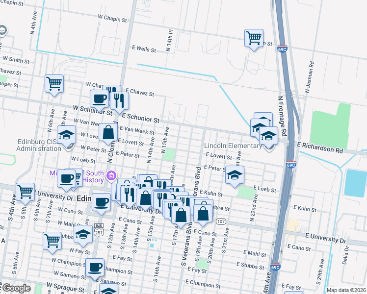 map of restaurants, bars, coffee shops, grocery stores, and more near 615 East Lovett Street in Edinburg