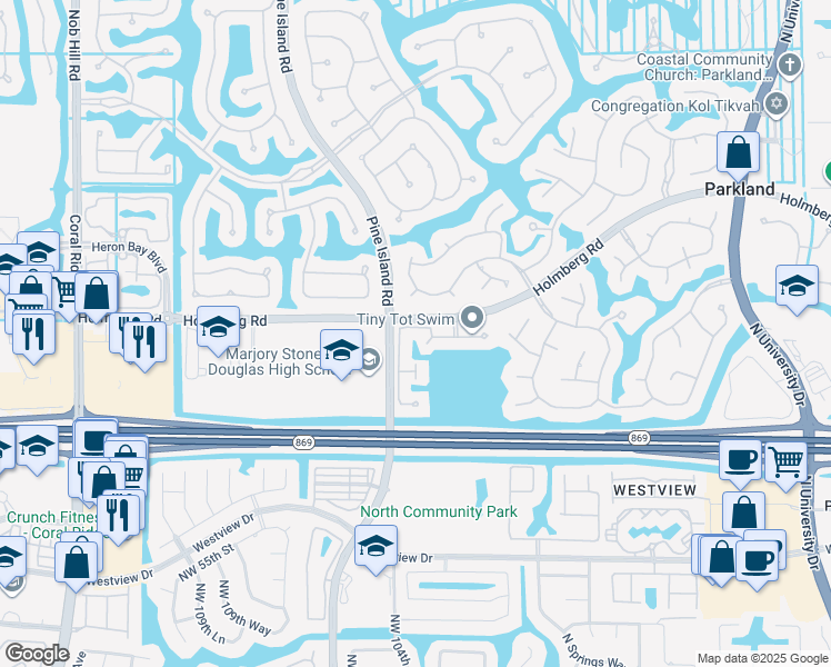 map of restaurants, bars, coffee shops, grocery stores, and more near 6060 Northwest 104th Lane in Parkland