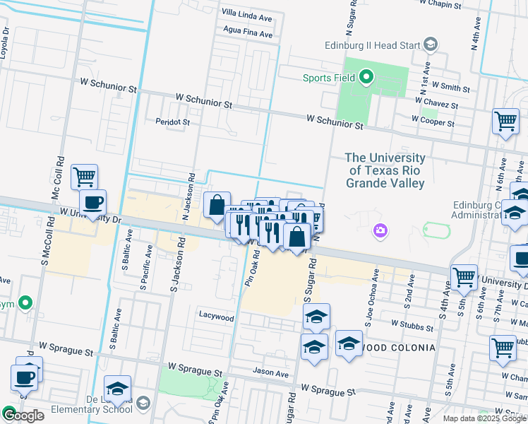 map of restaurants, bars, coffee shops, grocery stores, and more near 206 North Montevideo Avenue in Edinburg