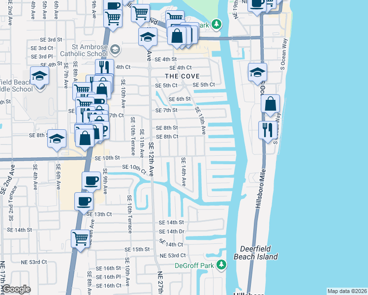 map of restaurants, bars, coffee shops, grocery stores, and more near 942 Southeast 13th Avenue in Deerfield Beach
