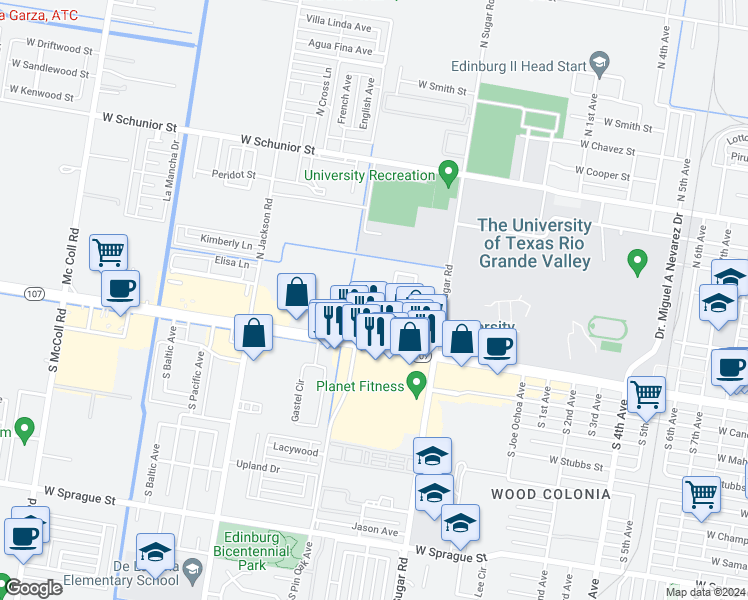map of restaurants, bars, coffee shops, grocery stores, and more near 302 North Montevideo Avenue in Edinburg
