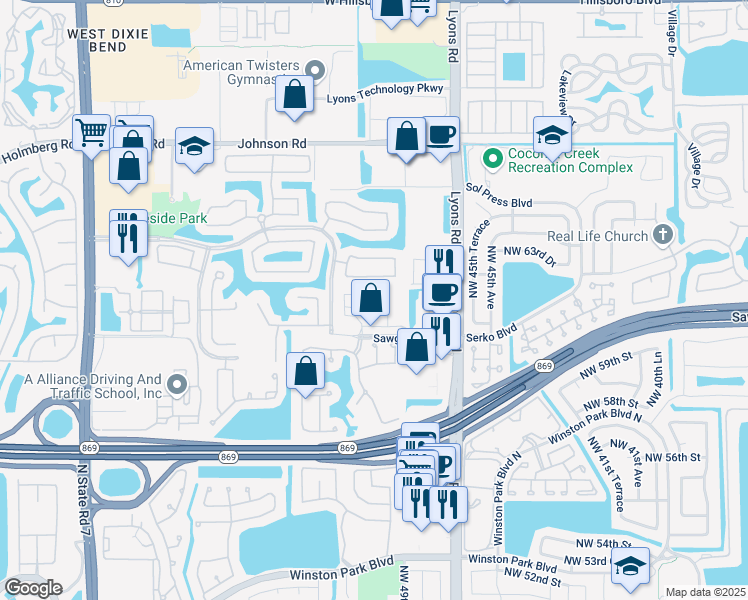 map of restaurants, bars, coffee shops, grocery stores, and more near 4736 Preserve Street in Coconut Creek