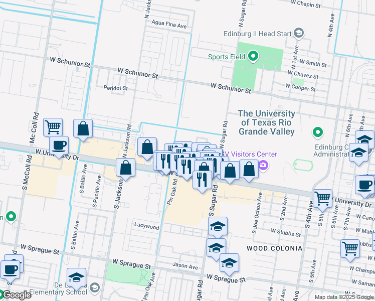 map of restaurants, bars, coffee shops, grocery stores, and more near 206 North Montevideo Avenue in Edinburg