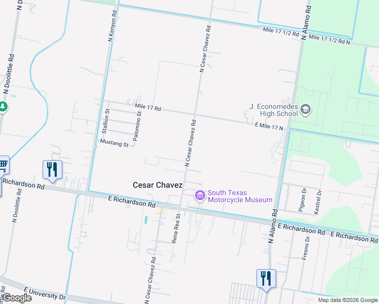 map of restaurants, bars, coffee shops, grocery stores, and more near 1010 North Cesar Chavez Drive in Edinburg