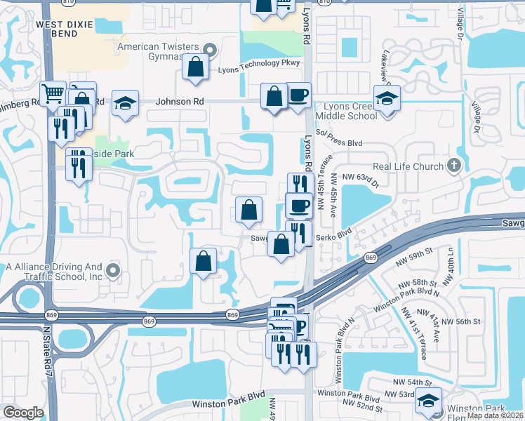 map of restaurants, bars, coffee shops, grocery stores, and more near 6134 Grand Cypress Circle East in Coconut Creek