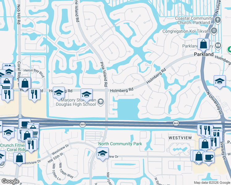map of restaurants, bars, coffee shops, grocery stores, and more near 10350 Northwest 60th Place in Parkland