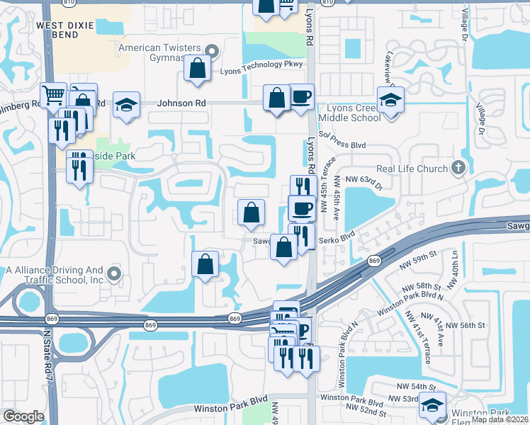 map of restaurants, bars, coffee shops, grocery stores, and more near 6134 Grand Cypress Circle East in Coconut Creek